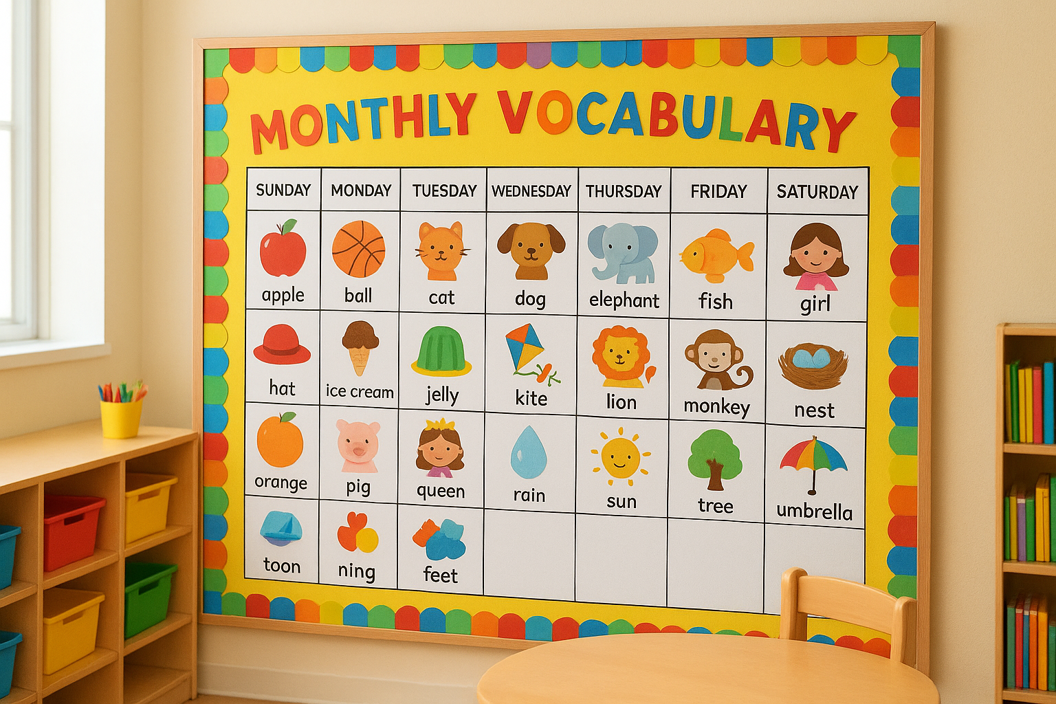 Preschool classroom bulletin board displaying a monthly core vocabulary planning calendar
