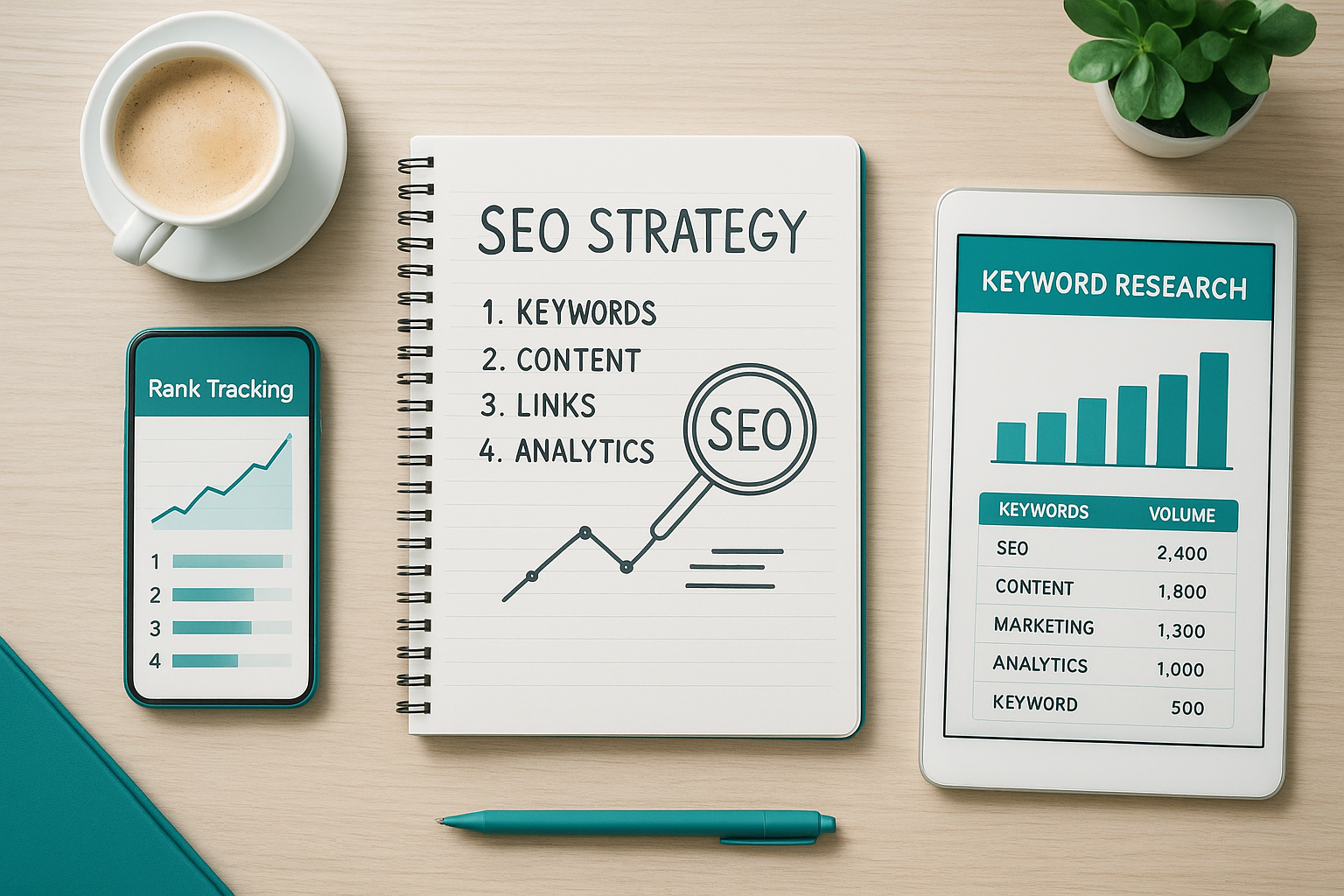 Marketer planning SEO strategy with keyword research data and rank tracking tools