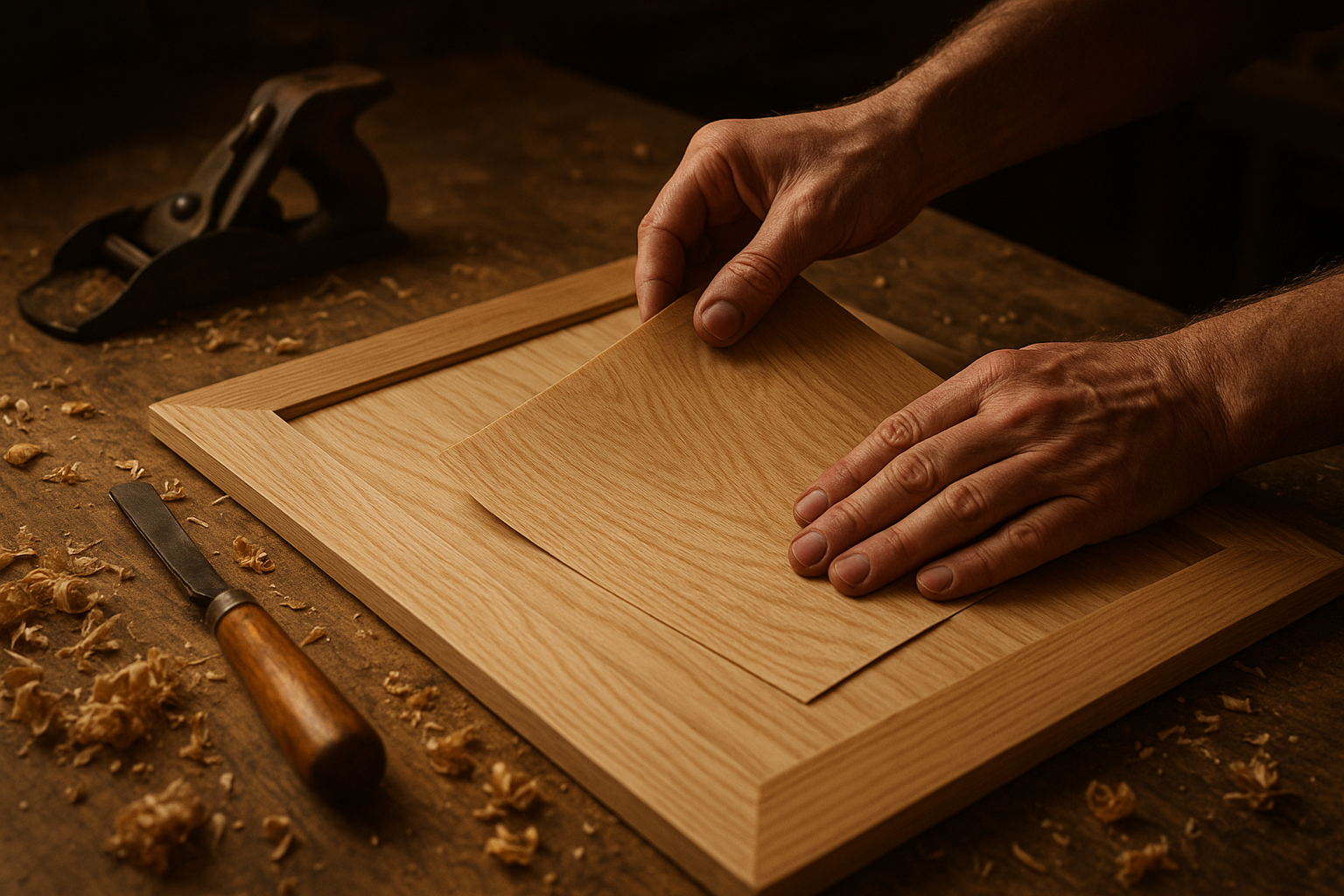 Craftsman applying wood veneer to a cabinet door during the refacing process