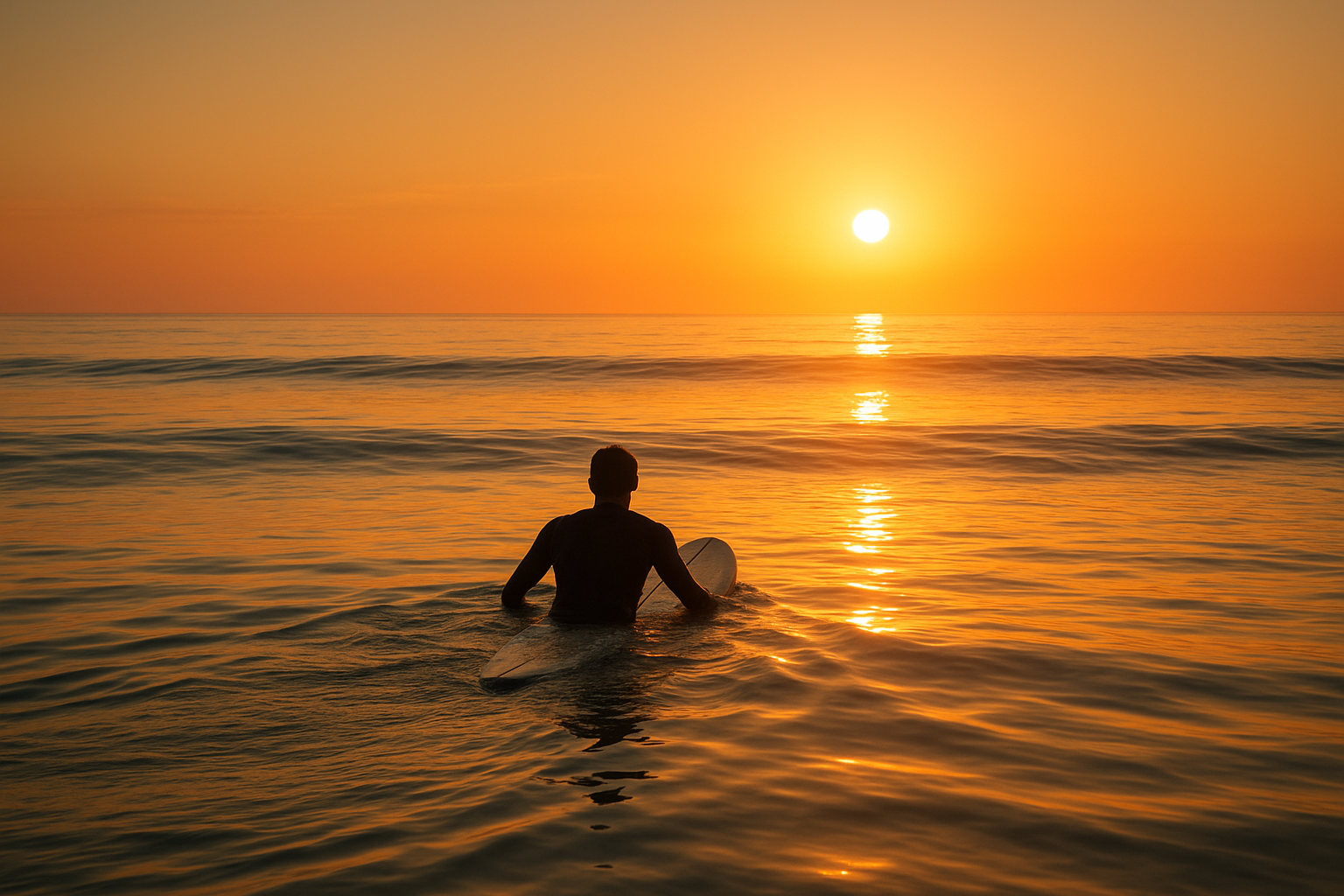 Surfer paddling into a calm ocean lineup to build surfing confidence at sunrise