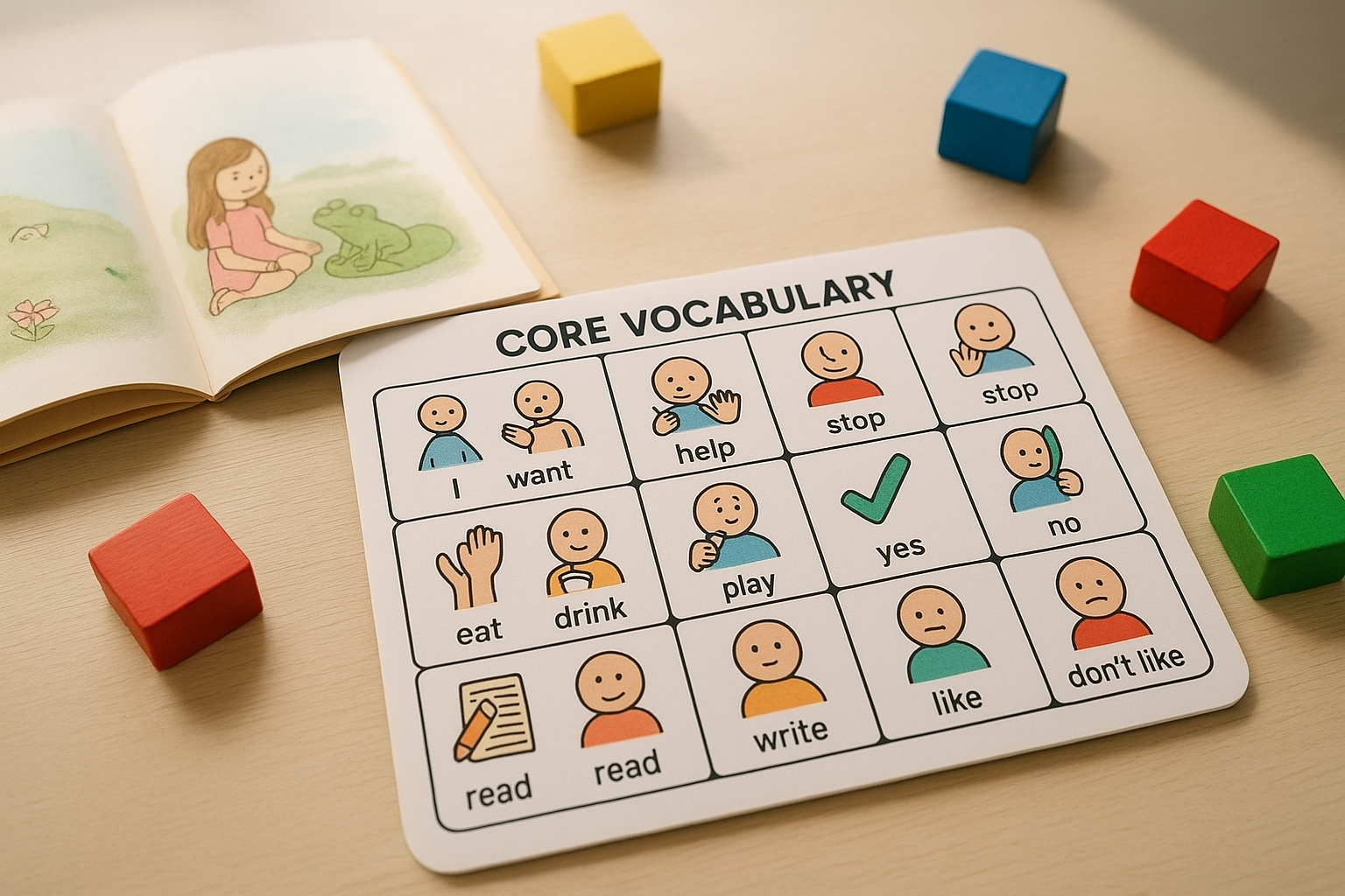 Core vocabulary board and storybook used for core vocabulary lesson plans in a classroom