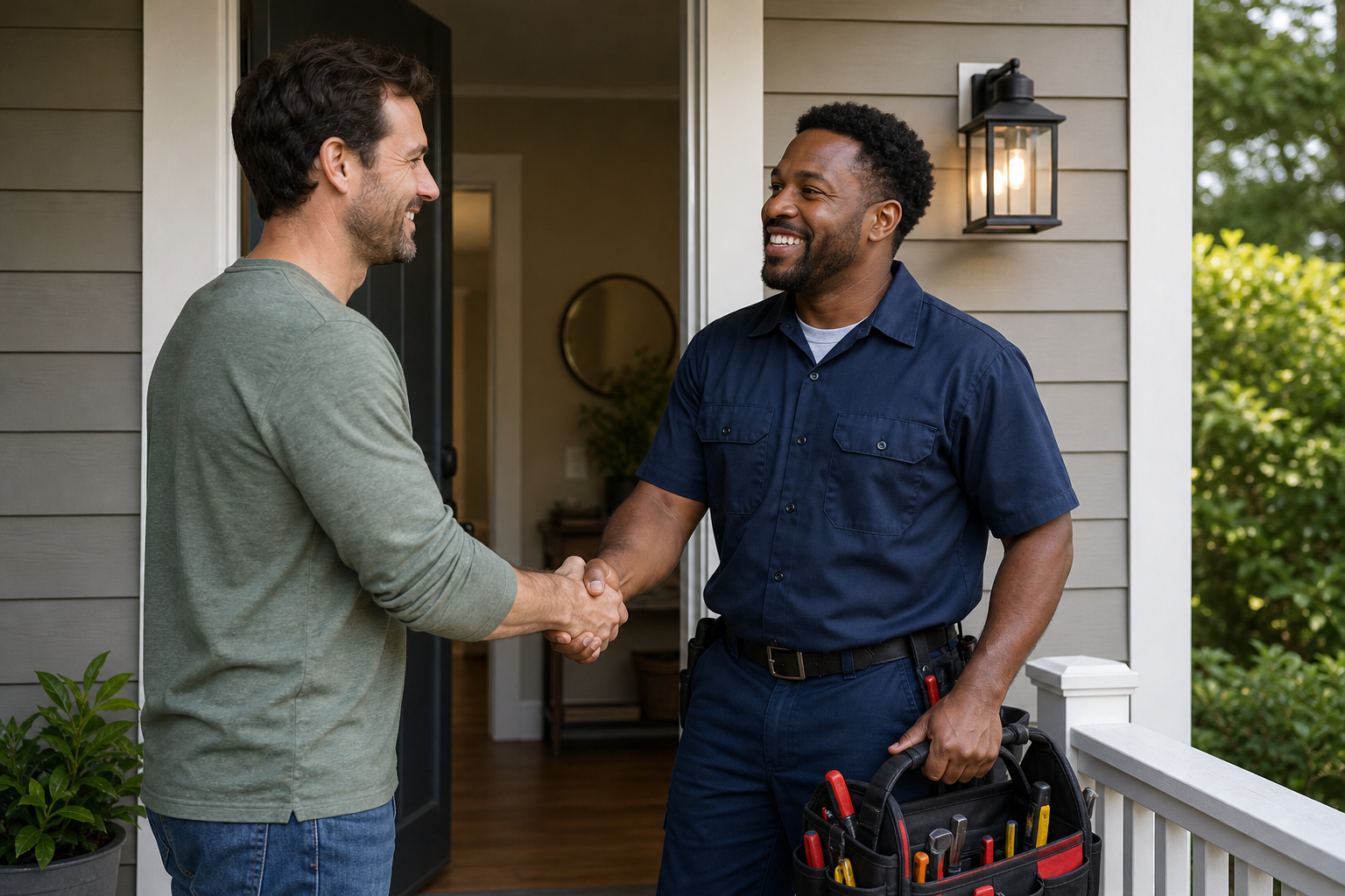 Homeowner shaking hands with an electrician after a completed job on a front porch