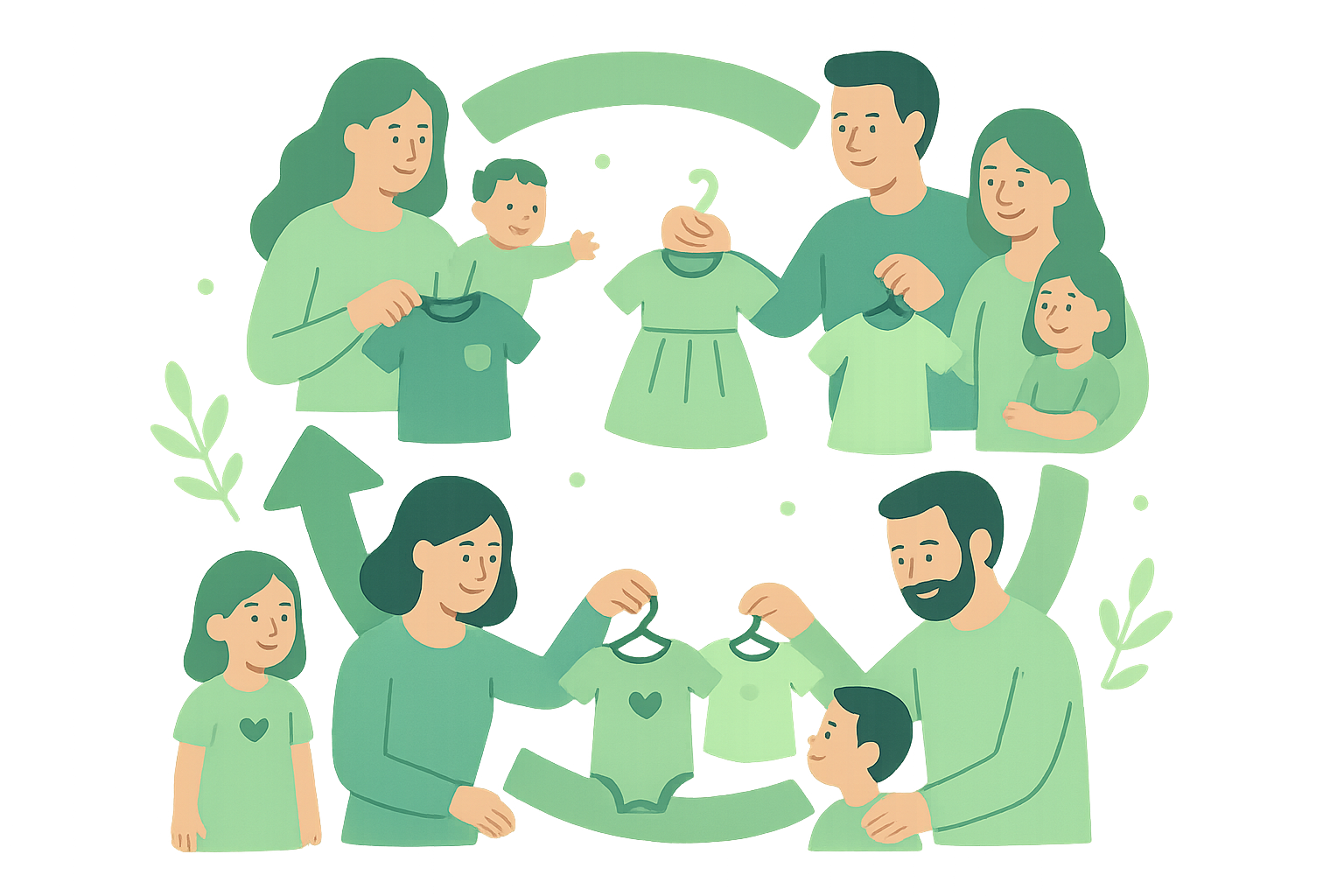 Illustration of children's clothing being reused across families through a circular rental model