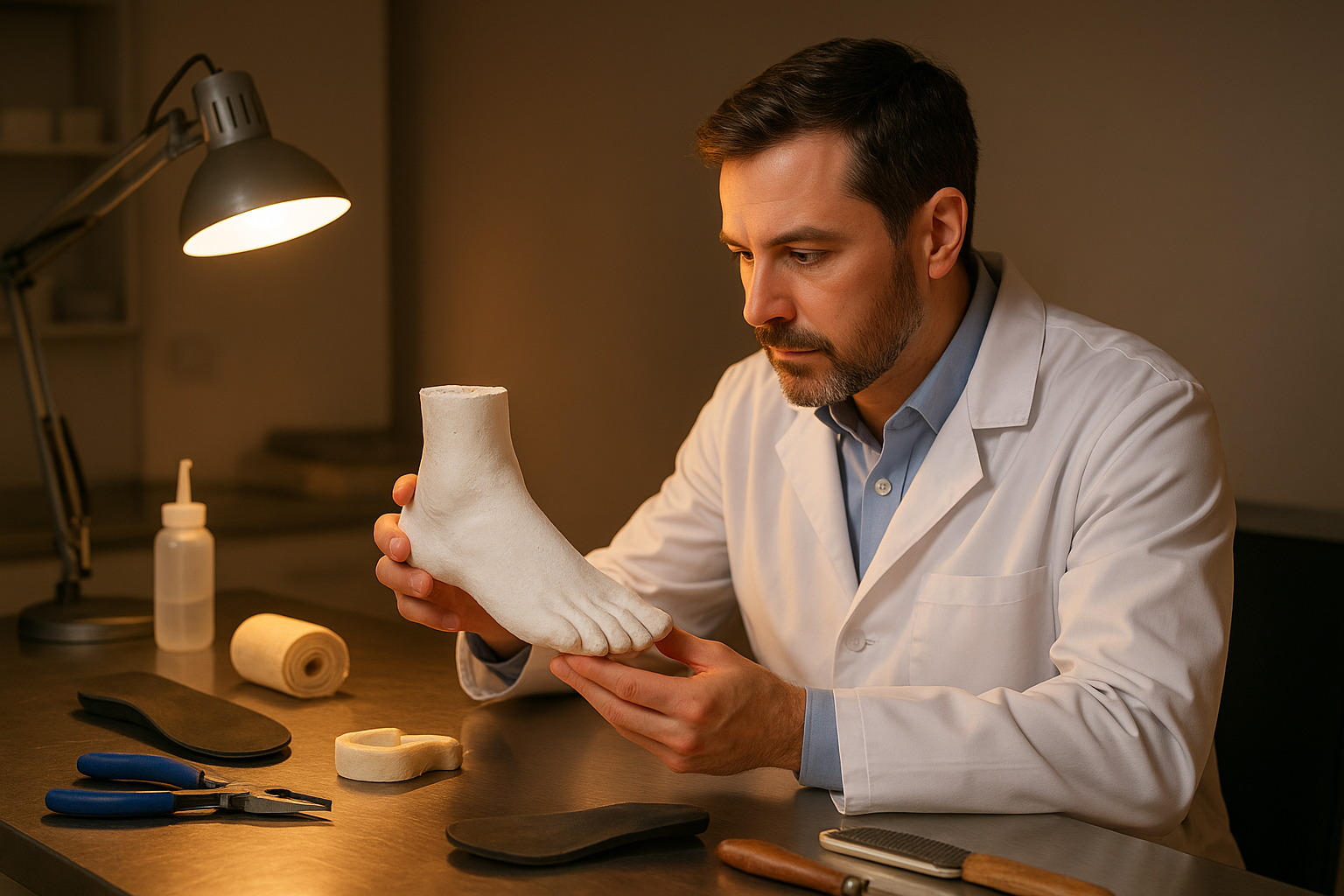 Podiatrist examining a foot mold used to fabricate custom high-quality orthotics