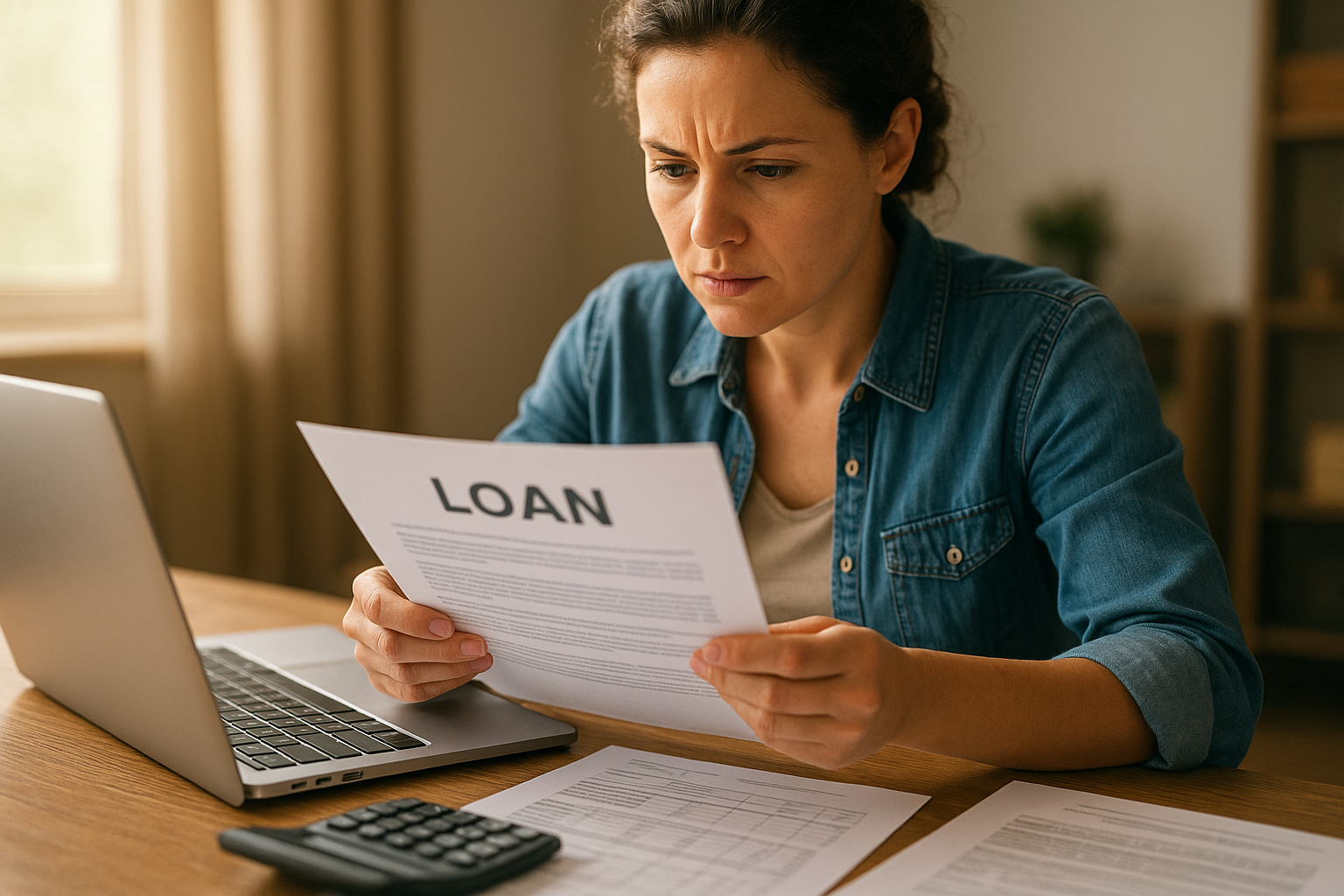 Small business owner comparing loan documents from a bank and a credit union