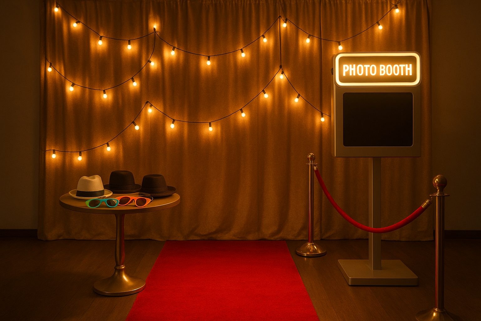 Event backdrop and prop table setup for a photo booth rental at an indoor celebration