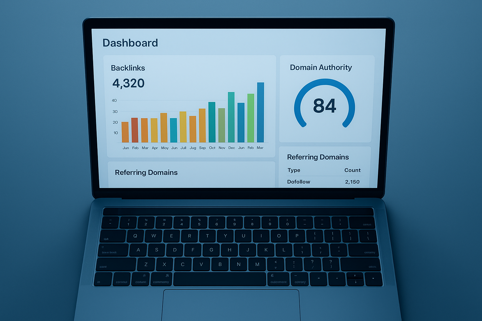 Backlink checker tool dashboard showing domain authority and referring domain metrics