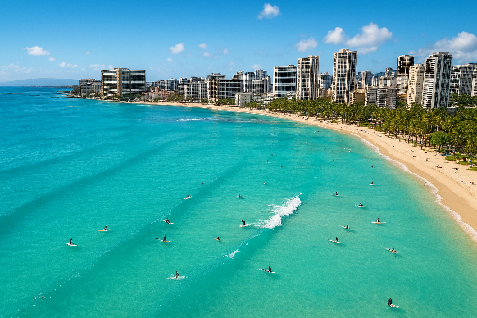 Aerial view of surfers spread along a Waikiki reef break during a guided surf session