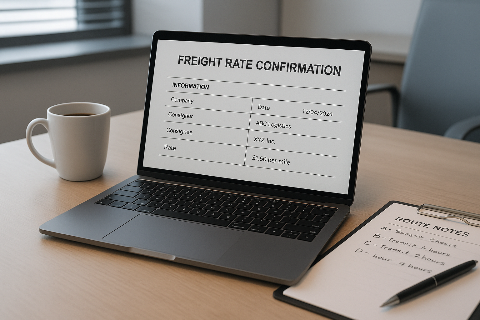 Rate confirmation document from a top-paying freight broker on a dispatch office desk