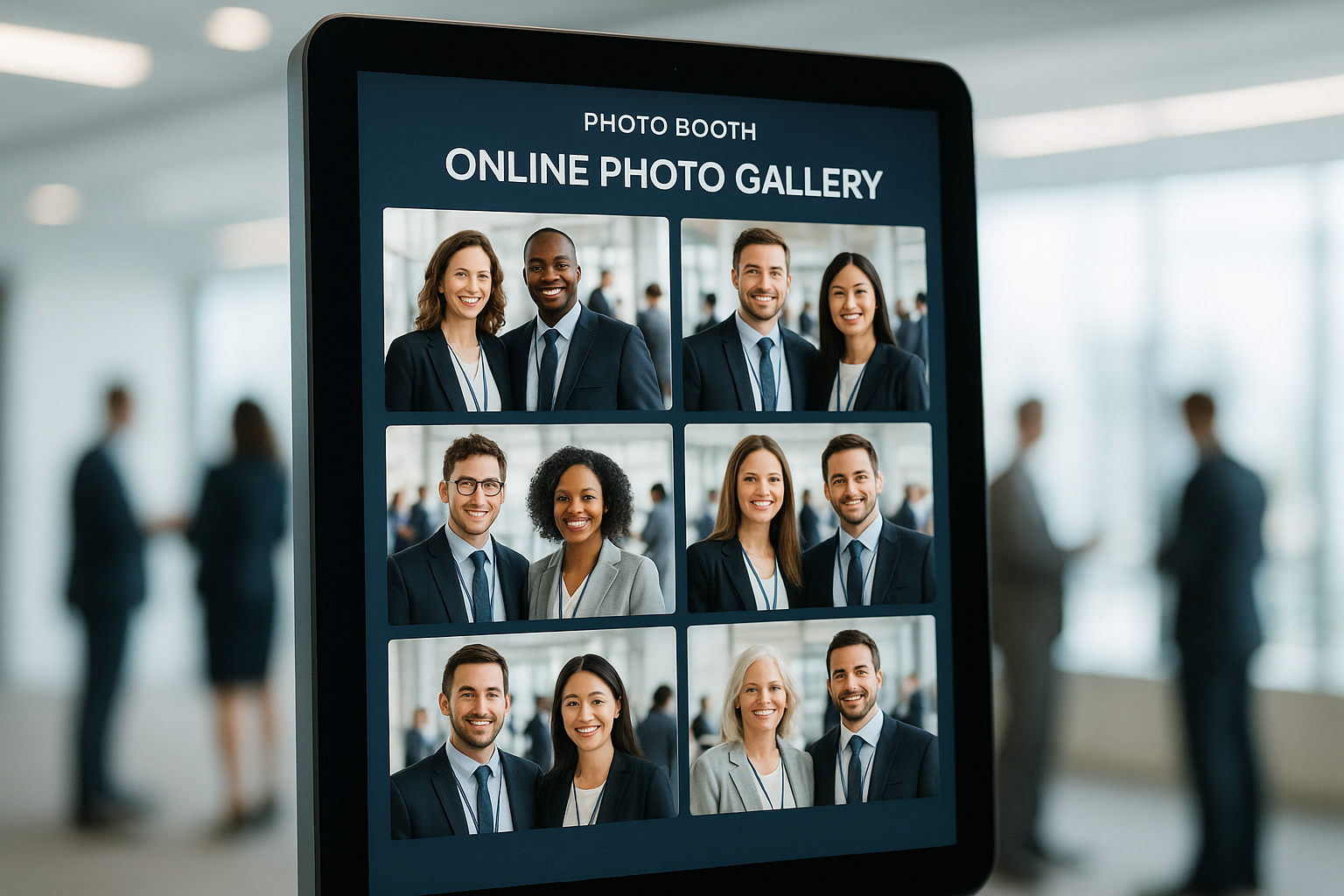 Digital photo booth tablet showing an online gallery at a business conference