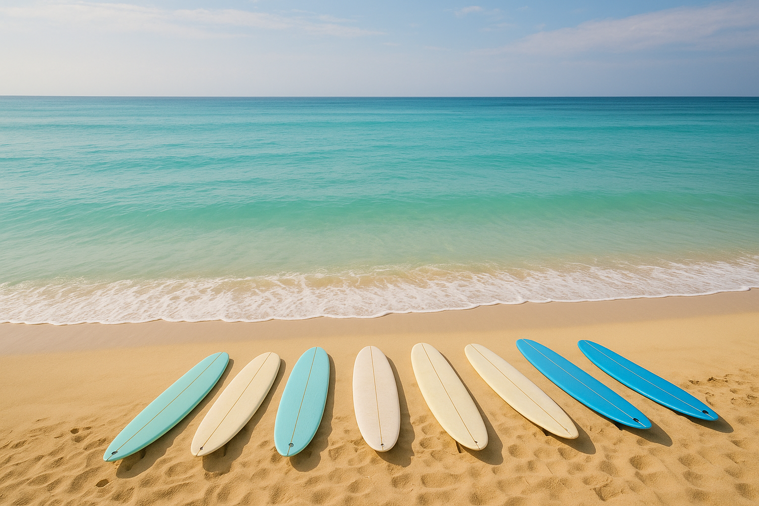 Beginner surfboards lined up on a sandy Honolulu beach before a group surf lesson