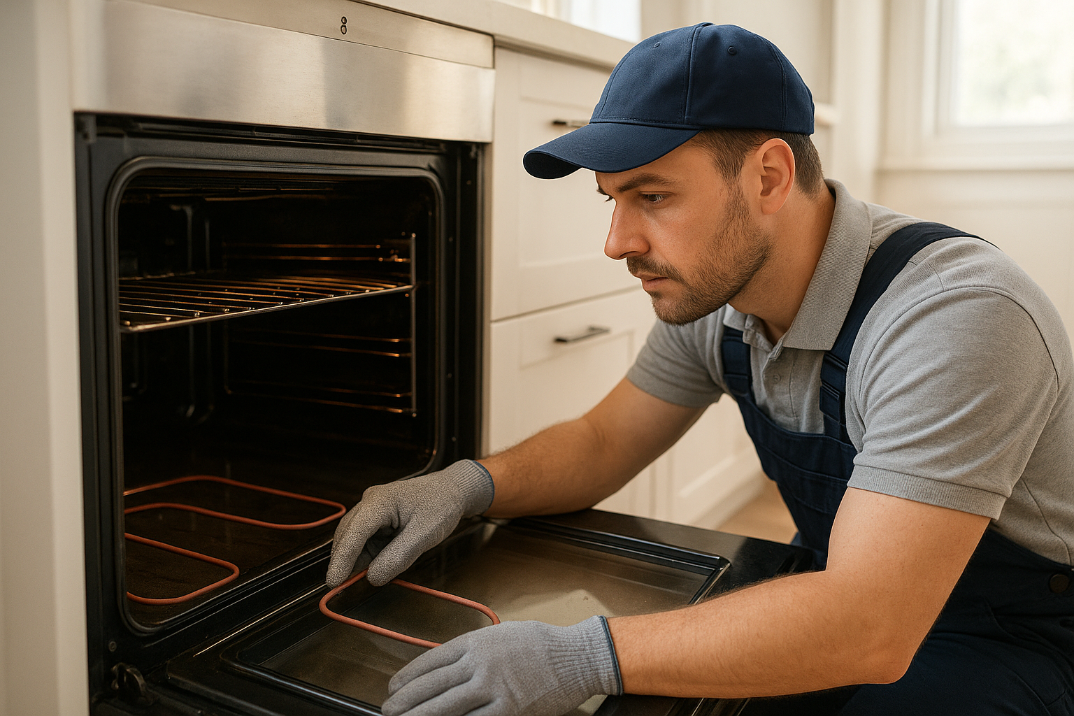 Technician performing oven repair on a residential heating element