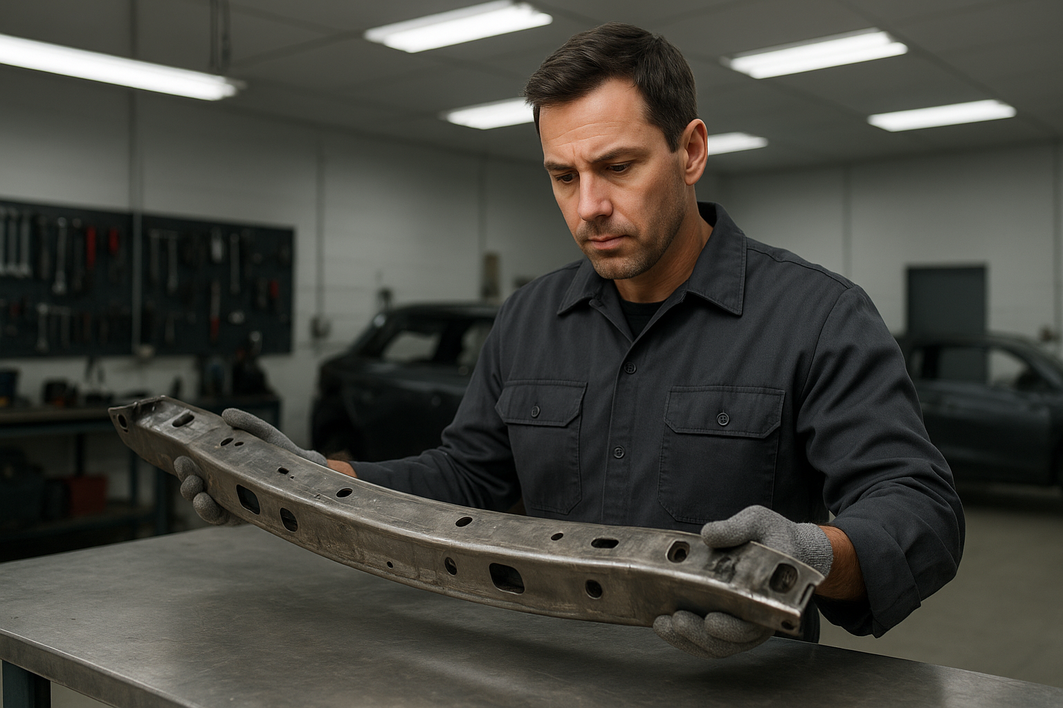 Auto body technician inspecting a damaged bumper reinforcement bar during a repair assessment