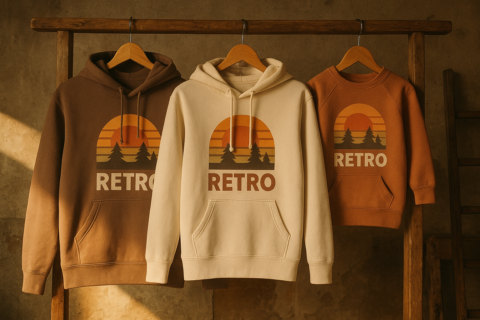 Family set of vintage style custom hoodies in adult and kids sizes on a wooden rack