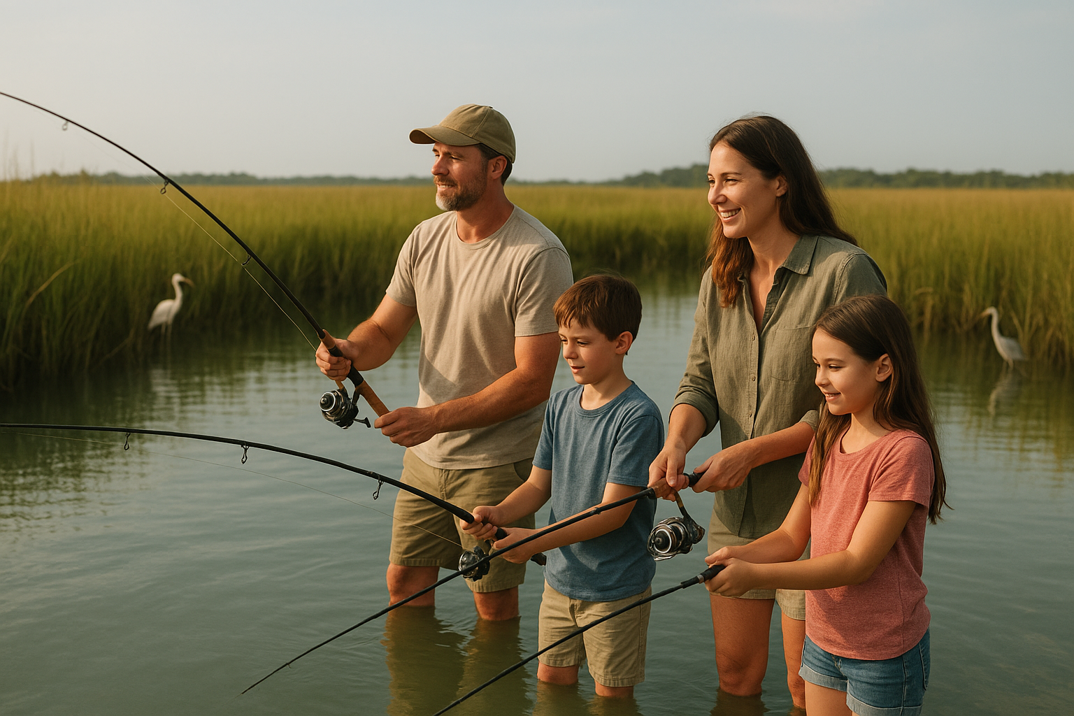 Family fishing together in a quiet marsh creek near the Grand Strand coastline