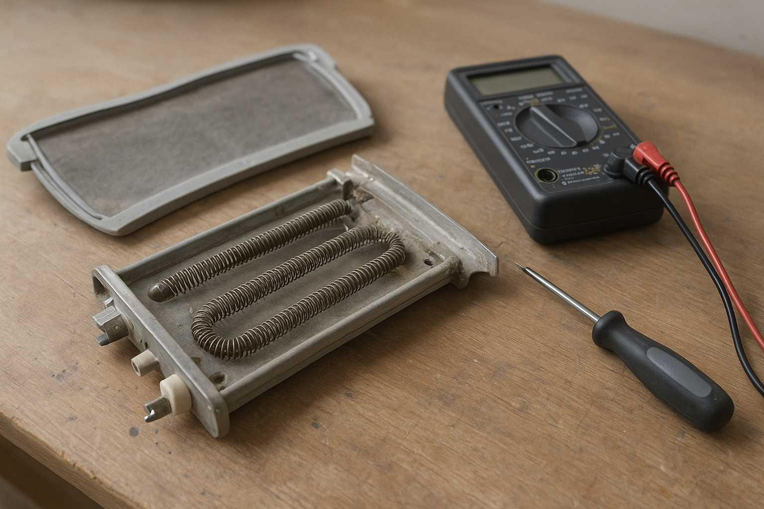 Close-up of a dryer heating element and lint filter removed during a repair diagnostic
