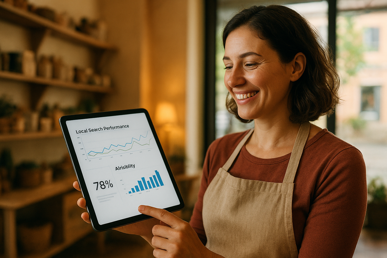 Small business owner reviewing local search performance and AI visibility metrics on a tablet