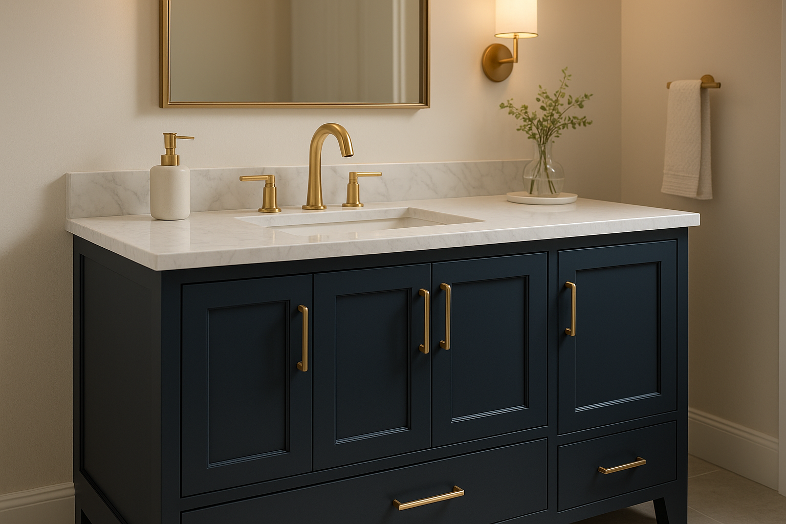 Refreshed bathroom vanity cabinet with new navy doors and gold hardware after professional refacing