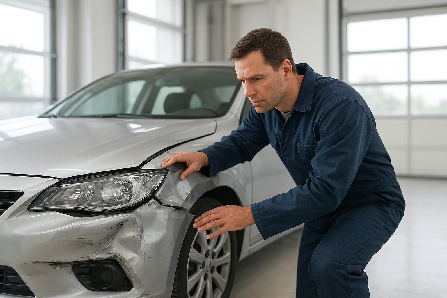 Technician performing foreign car collision repair in Brea auto body shop