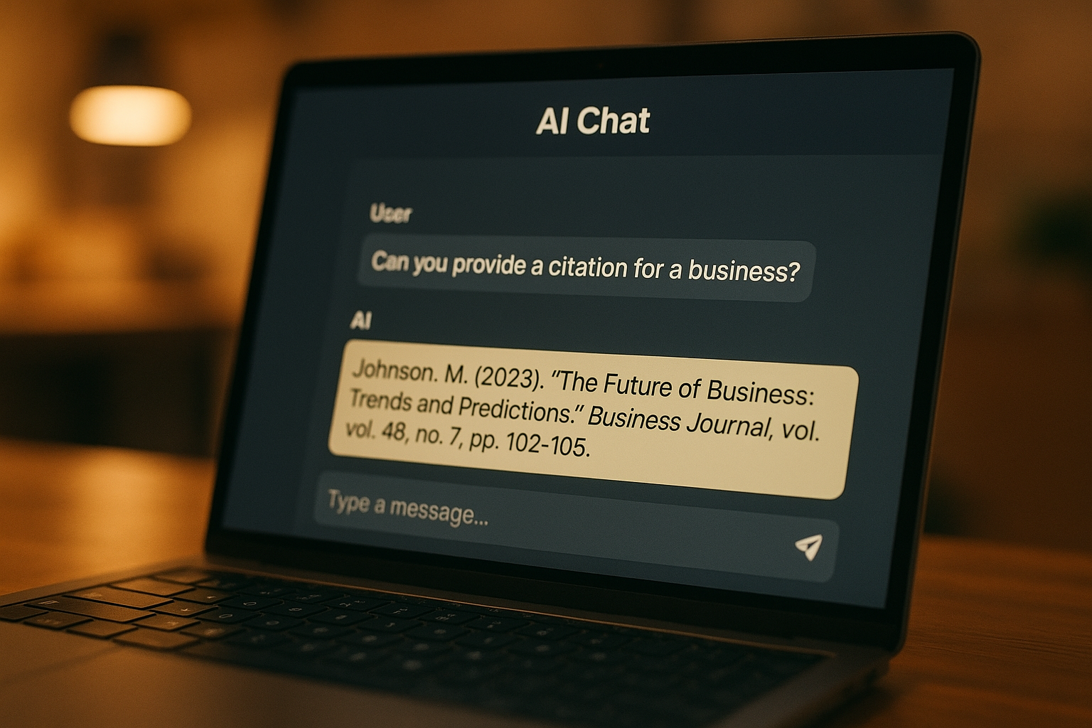 Laptop screen showing an AI chat assistant citing a business as a search answer