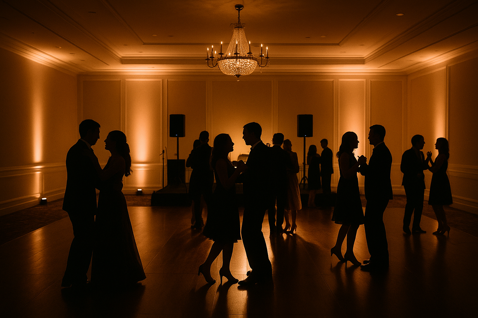 Wedding reception dance floor lit with uplighting and rented sound equipment in the background