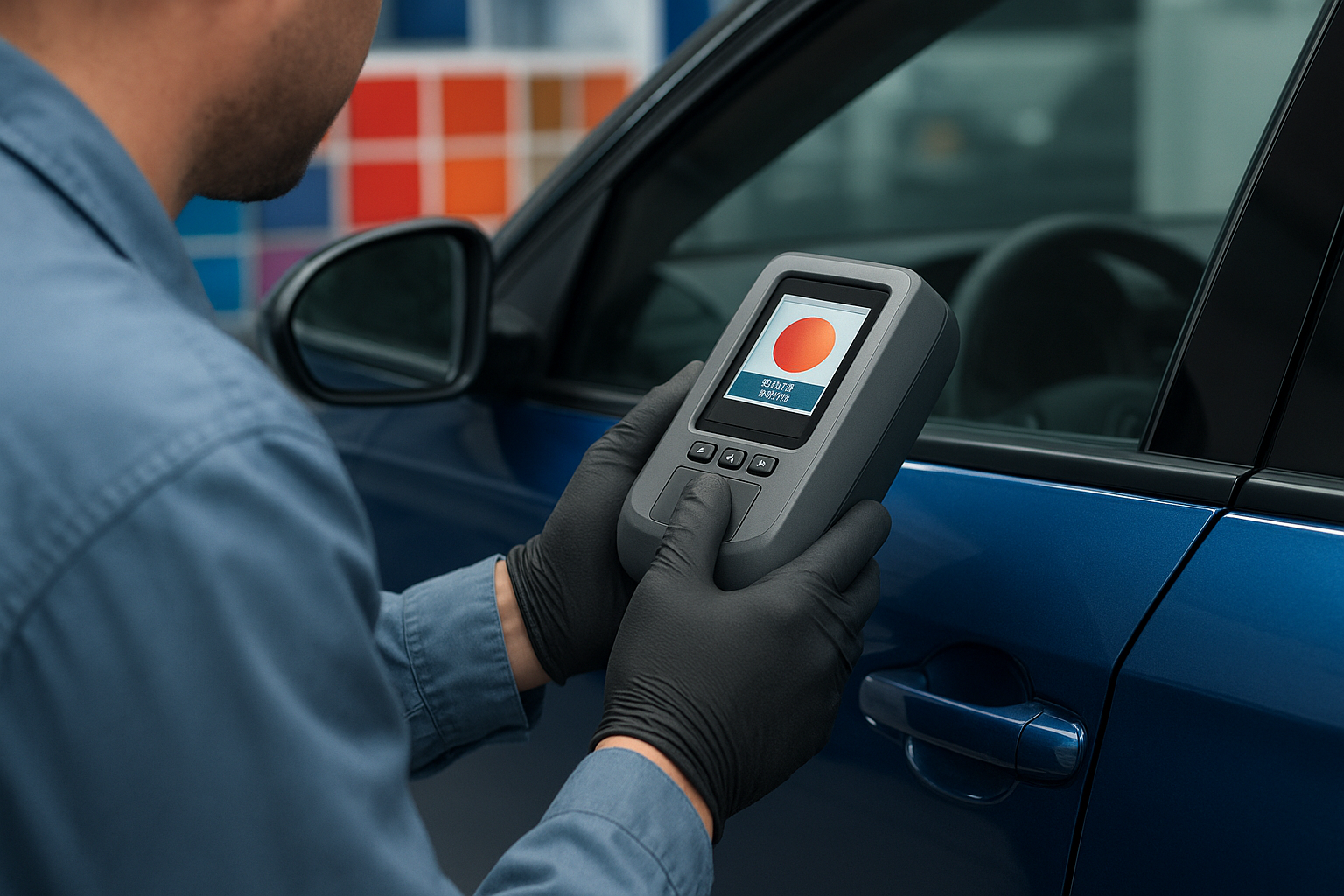 Technician using computerized paint matching equipment during collision repair in Brea