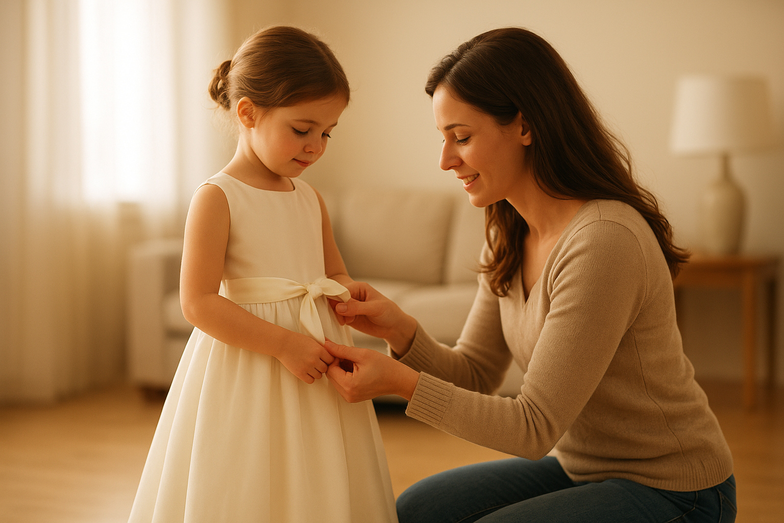 Mother adjusting the fit of a rented formal dress on her young daughter before an event