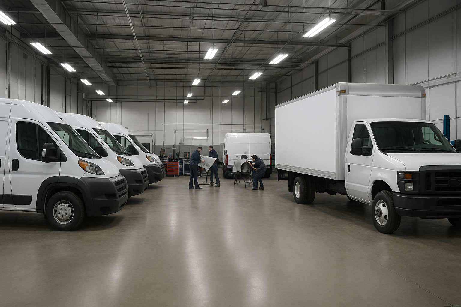 Fleet vehicles waiting for collision repair inside an Orange County auto body shop