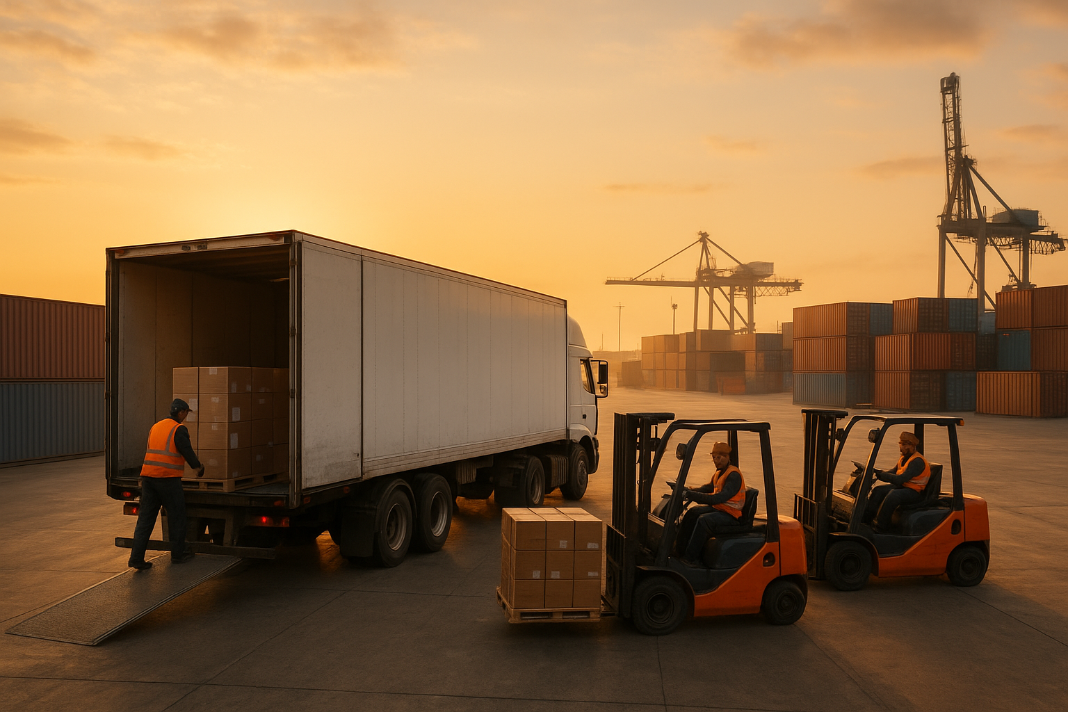 TForce Freight LTL trailer being loaded with palletized freight at a terminal dock