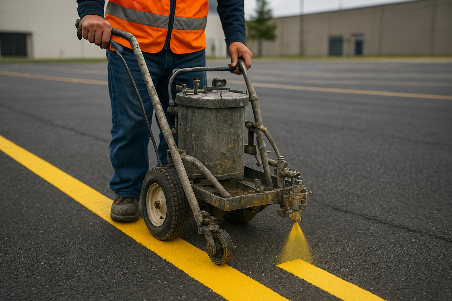 Worker operating a striping machine to apply parking lot safety markings on asphalt