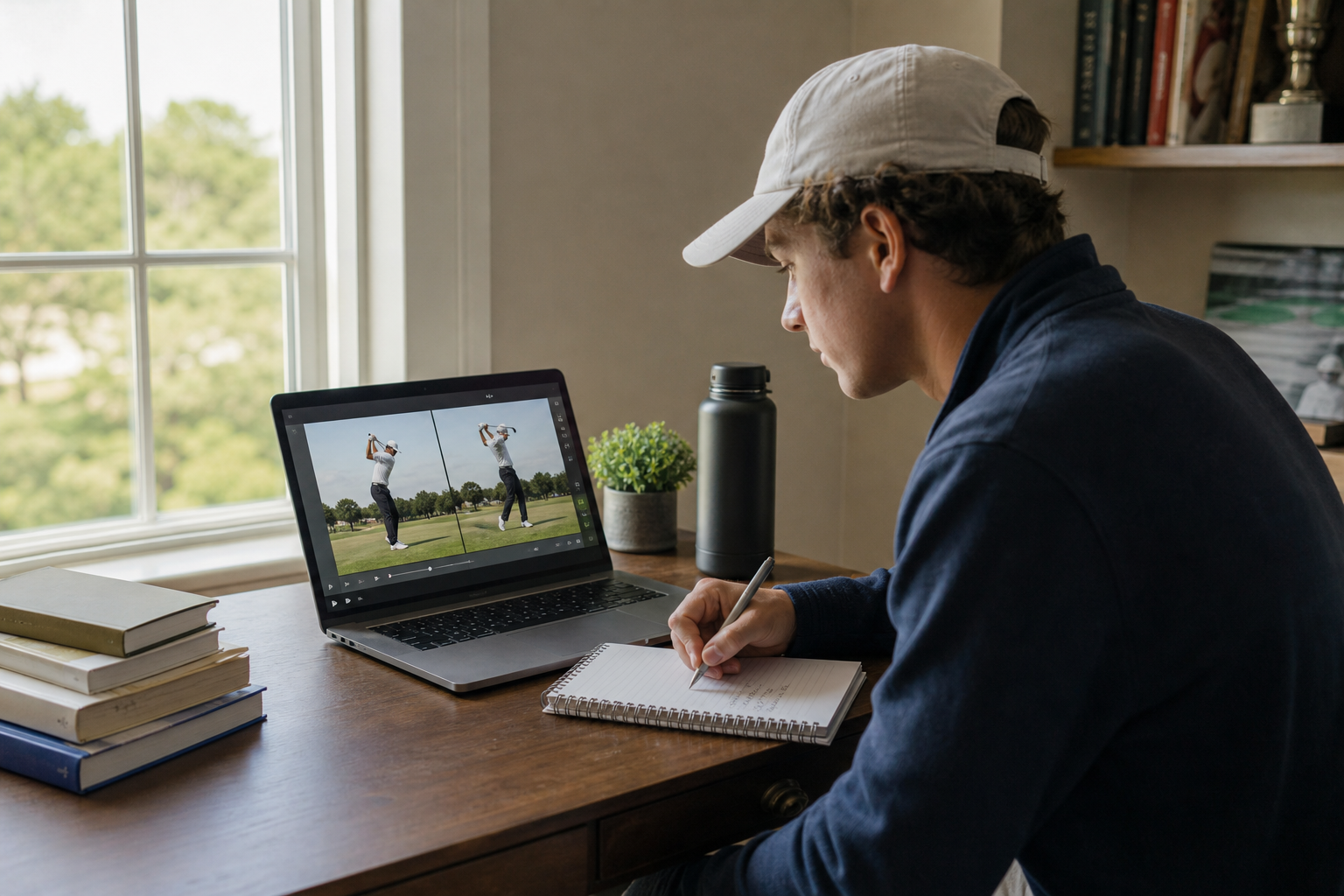 Collegiate golfer reviewing swing footage during online golf training for collegiate golfers