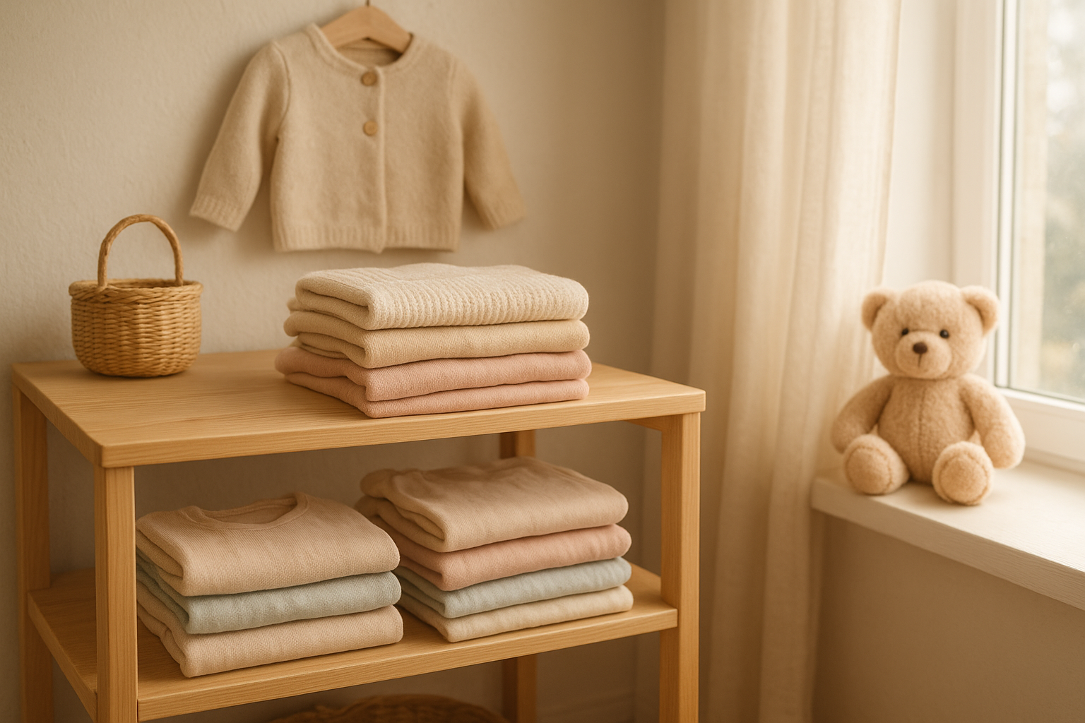 Neatly folded newborn and toddler rental clothes on a nursery shelf