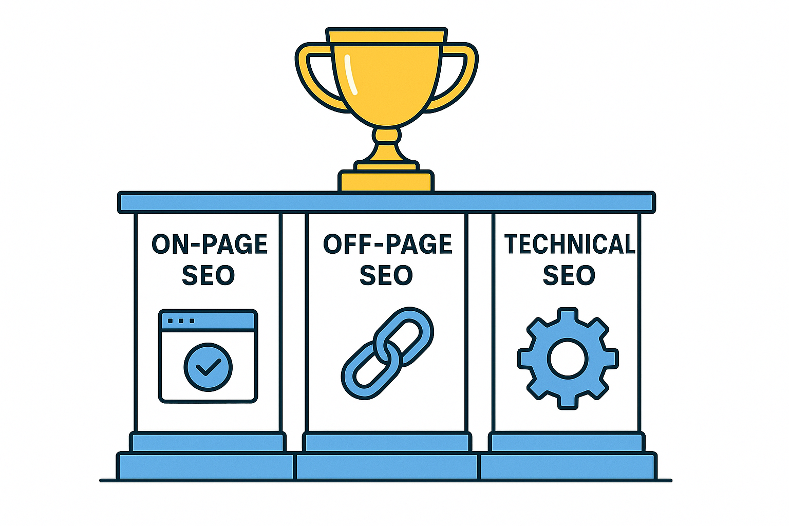 Diagram of the three pillars of SEO: on-page, off-page, and technical optimization