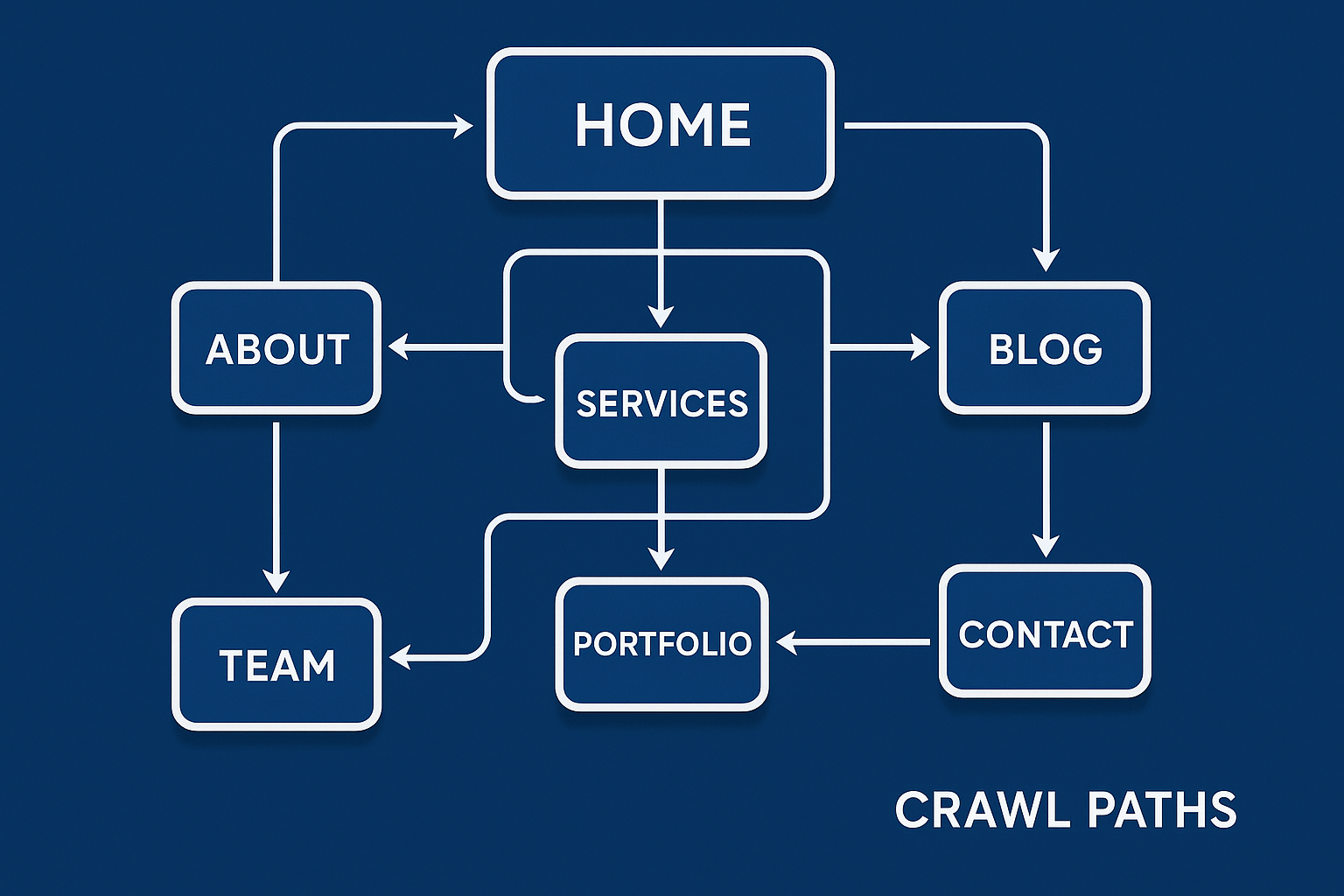 technical SEO site architecture diagram showing crawl paths and internal link structure
