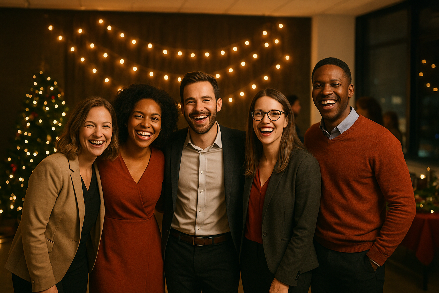 Employees posing for a photo booth rental for corporate holiday party celebration