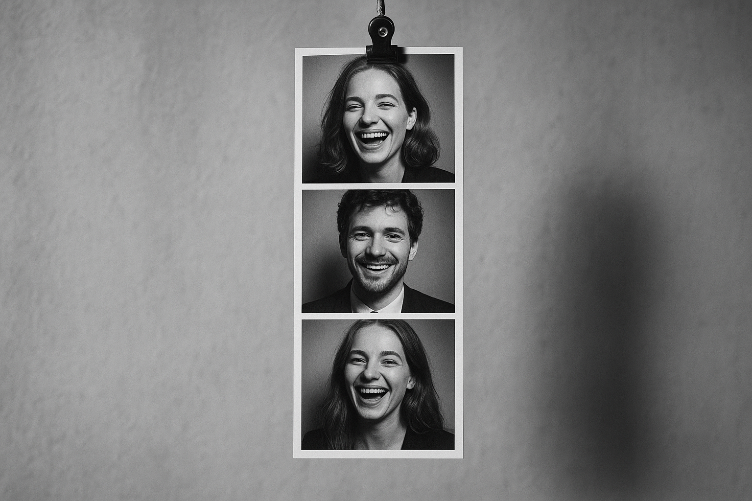 Black white photo booth strip with classic monochrome guest portraits