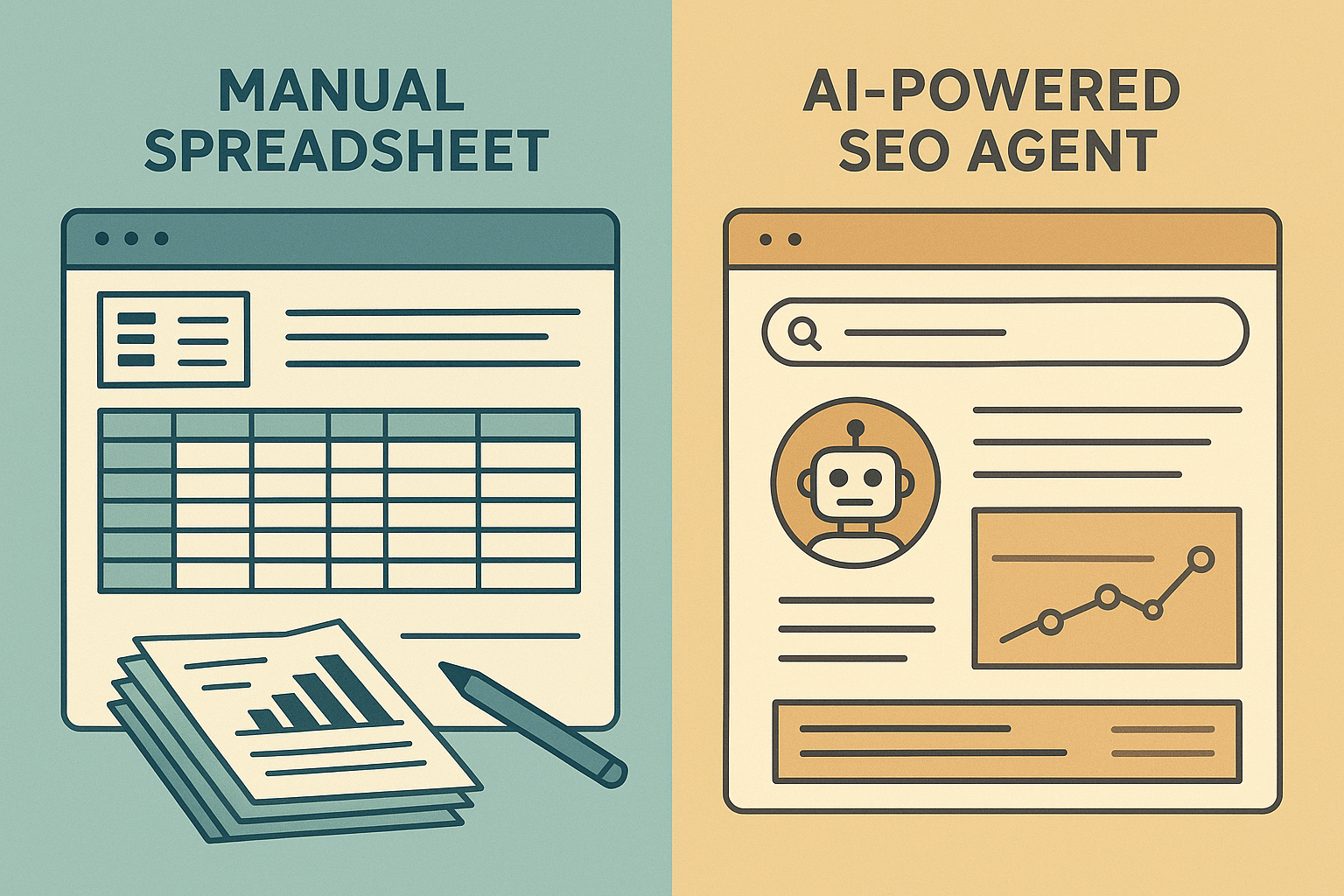 Comparison of manual SEO spreadsheet versus an automated SEO agent interface