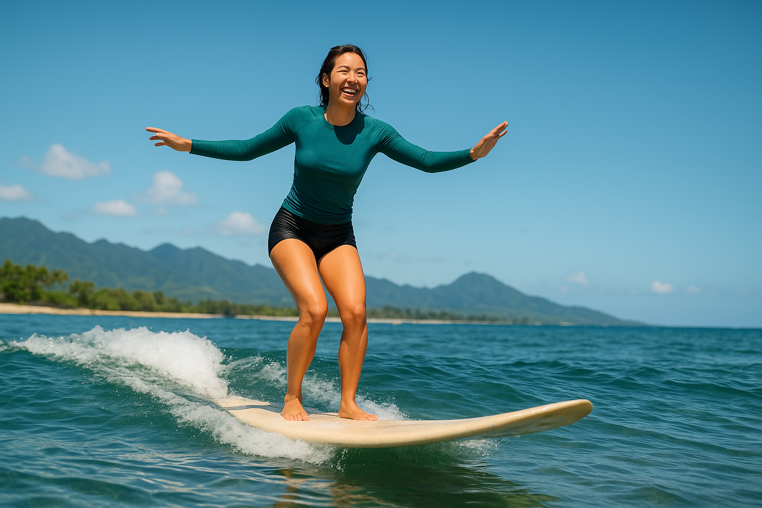 Beginner surfer riding a wave toward shore during a surfing lesson honolulu session