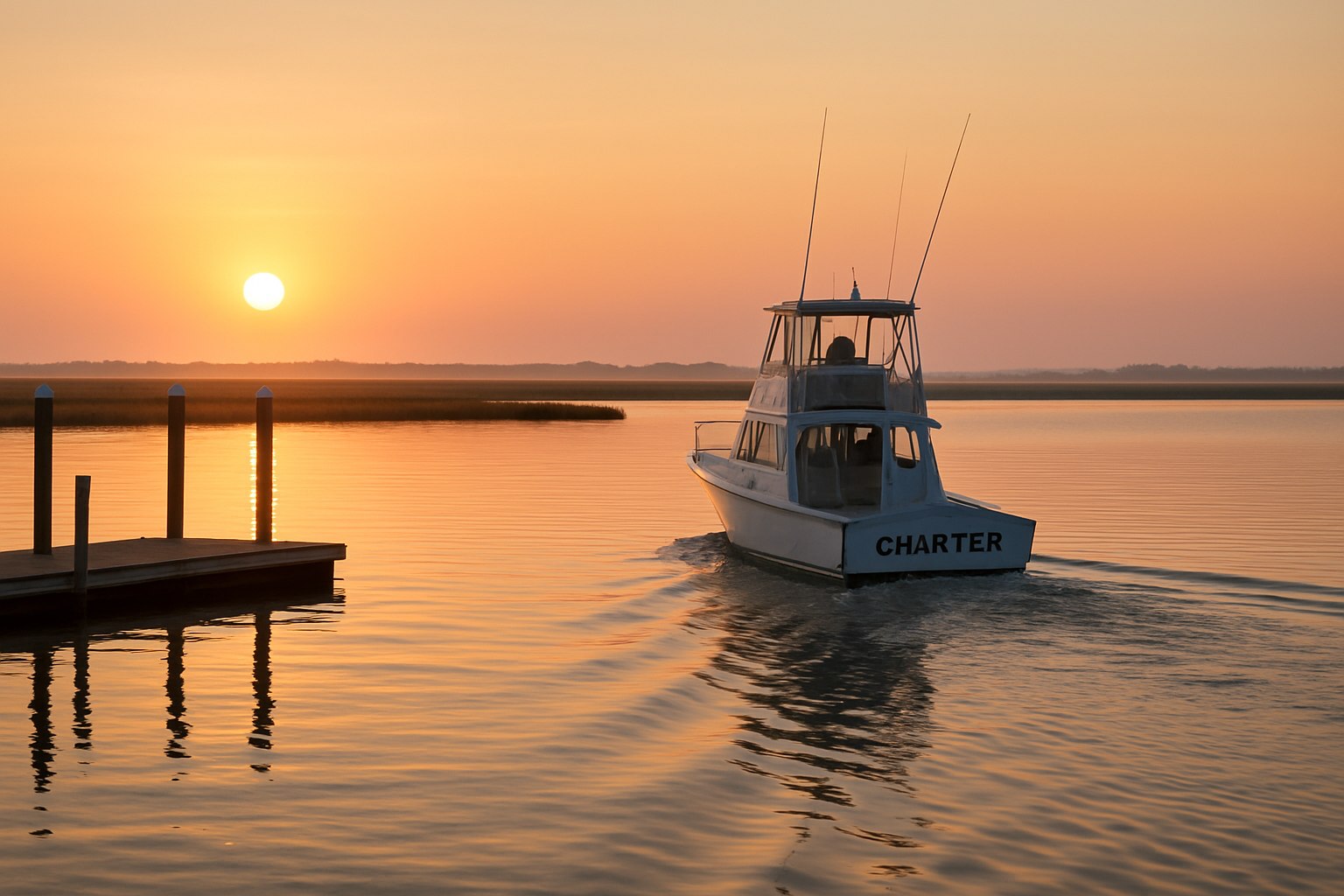 Charter fishing boat departing a North Myrtle Beach marina for a private lesson on calm coastal water