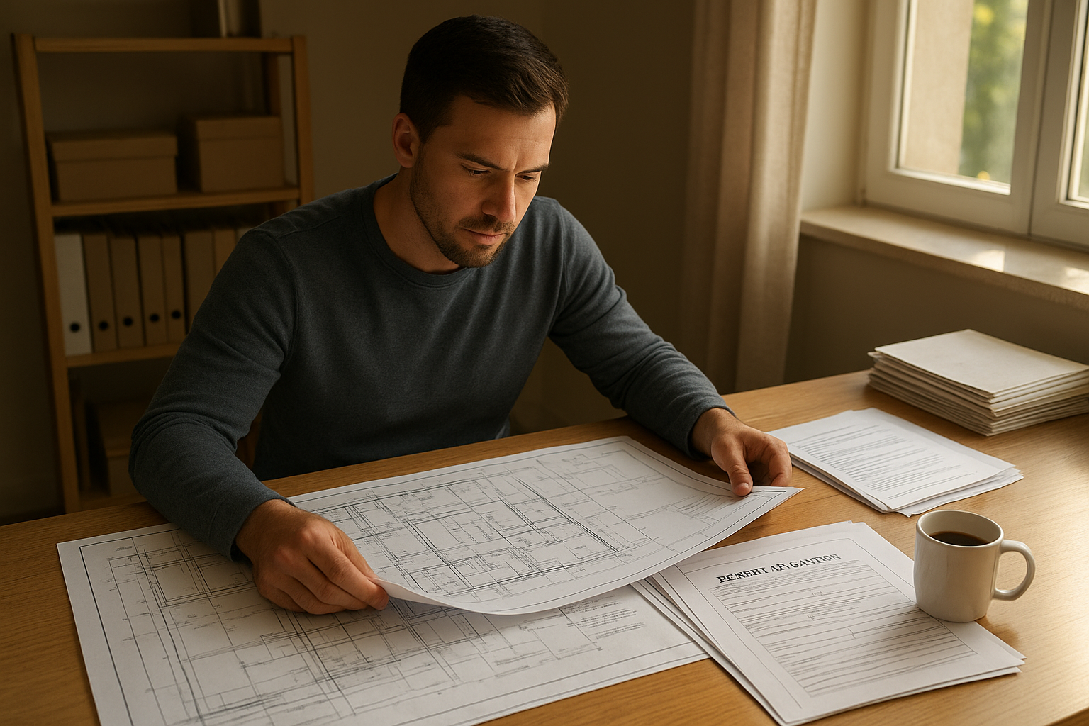 Homeowner reviewing accessory dwelling unit permit application documents and blueprints at a desk
