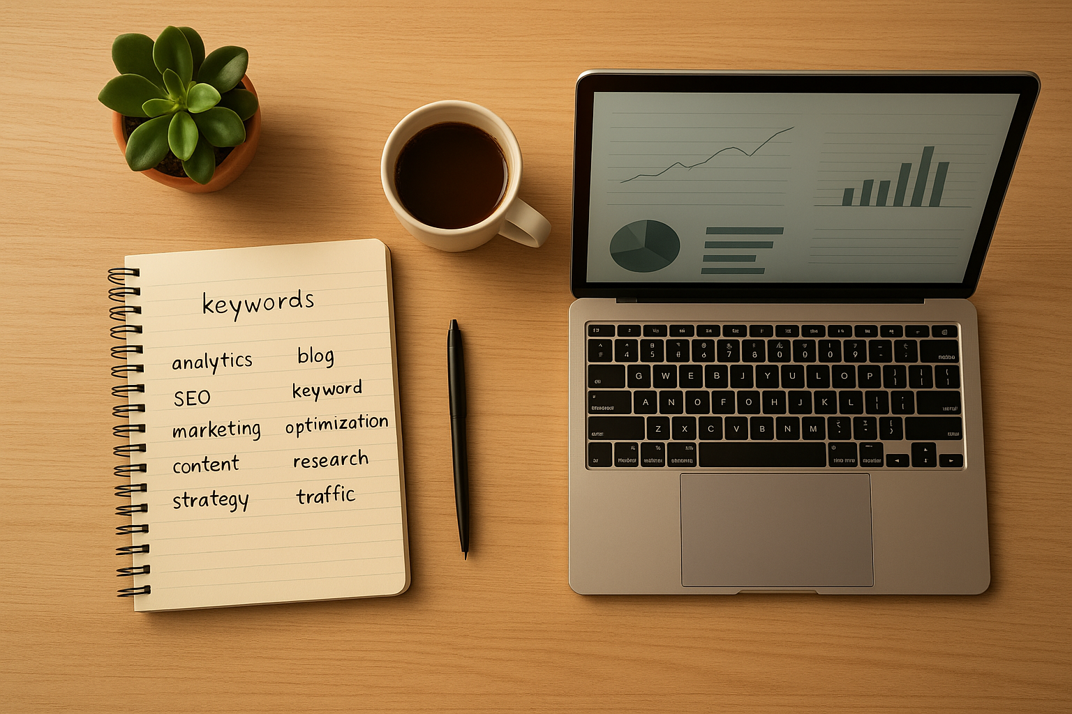 Desk workspace with keyword research notes and analytics dashboard for SEO planning