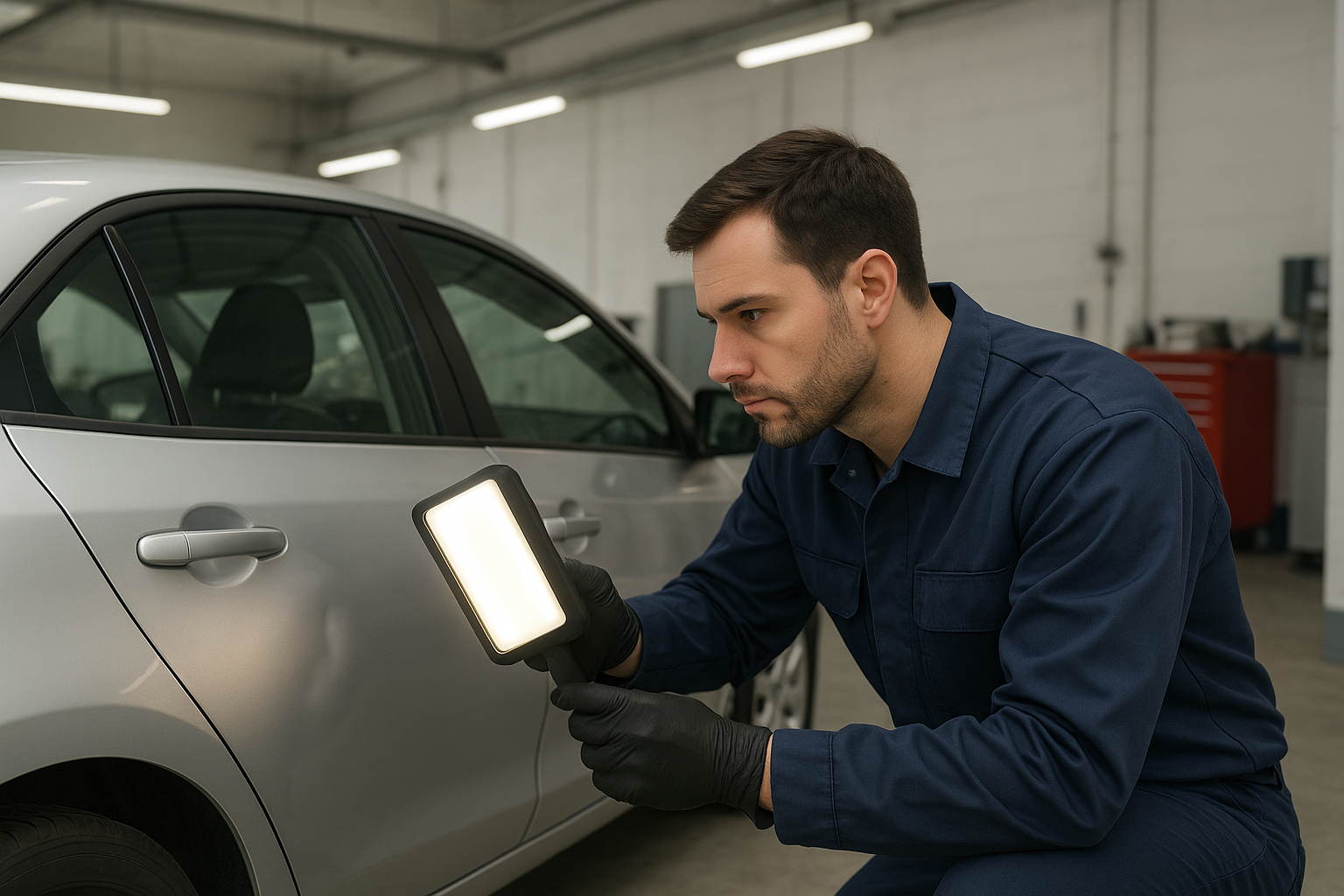Certified technician inspecting a vehicle dent for same day body shop repair