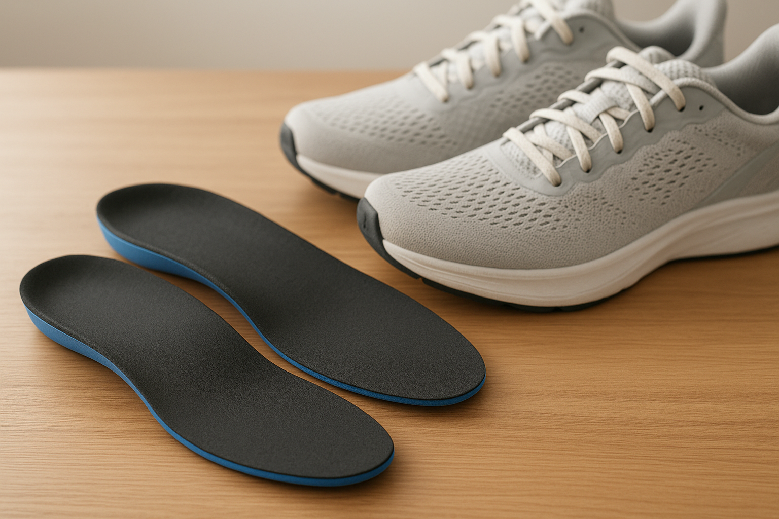 Custom orthotic insoles for sports placed beside a pair of running shoes