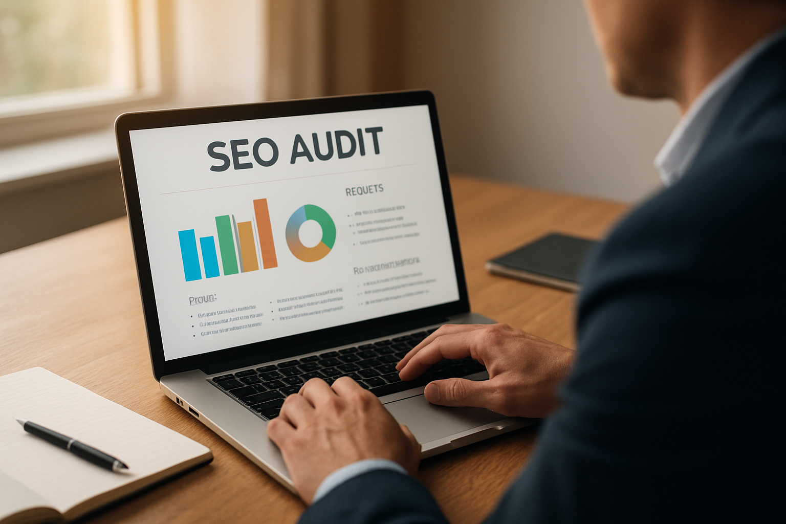 Professional reviewing technical SEO audit results on a laptop to improve website rankings
