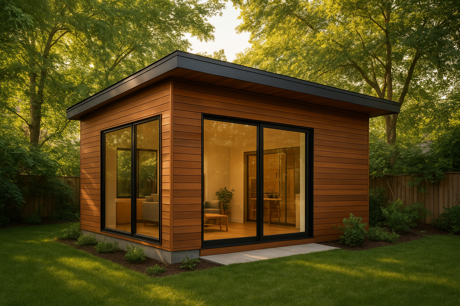 Modern detached accessory dwelling unit near me with cedar siding in a residential backyard