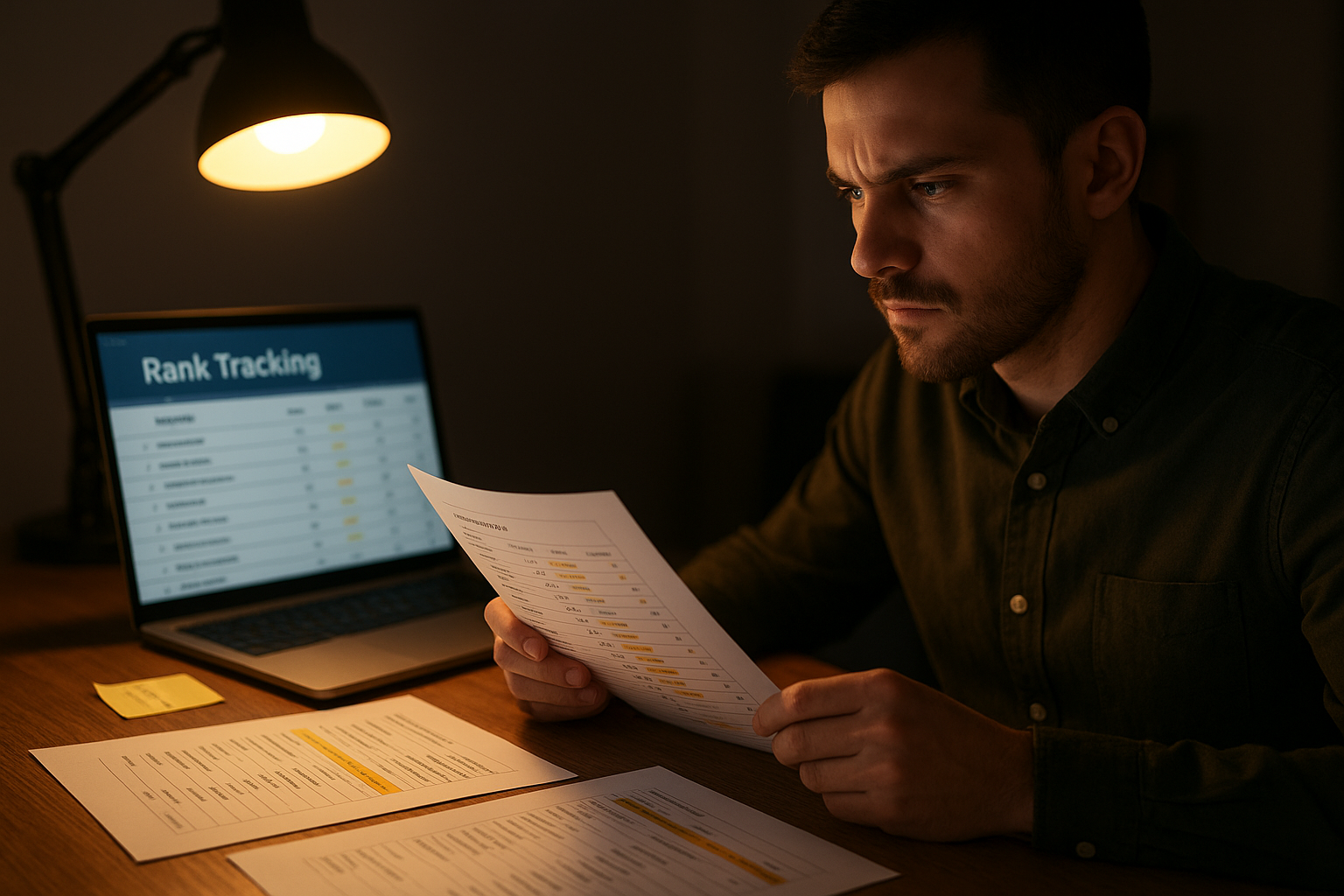 SEO analyst reviewing printed keyword ranking reports to plan optimization strategy