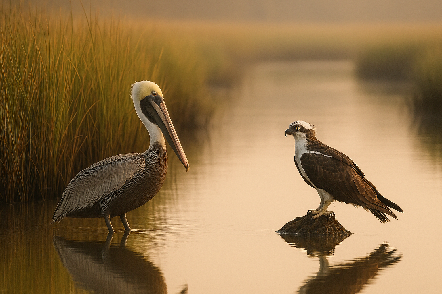 Brown pelican and osprey spotted along a Myrtle Beach marsh during a wildlife boat tour