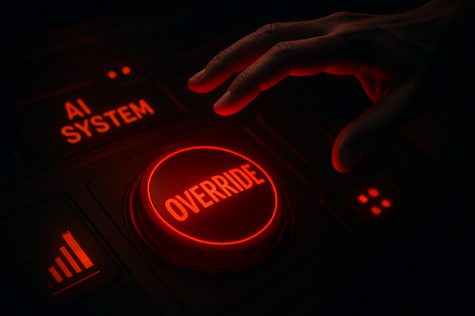 Human operator maintaining oversight over an AI autopilot system with an override control panel