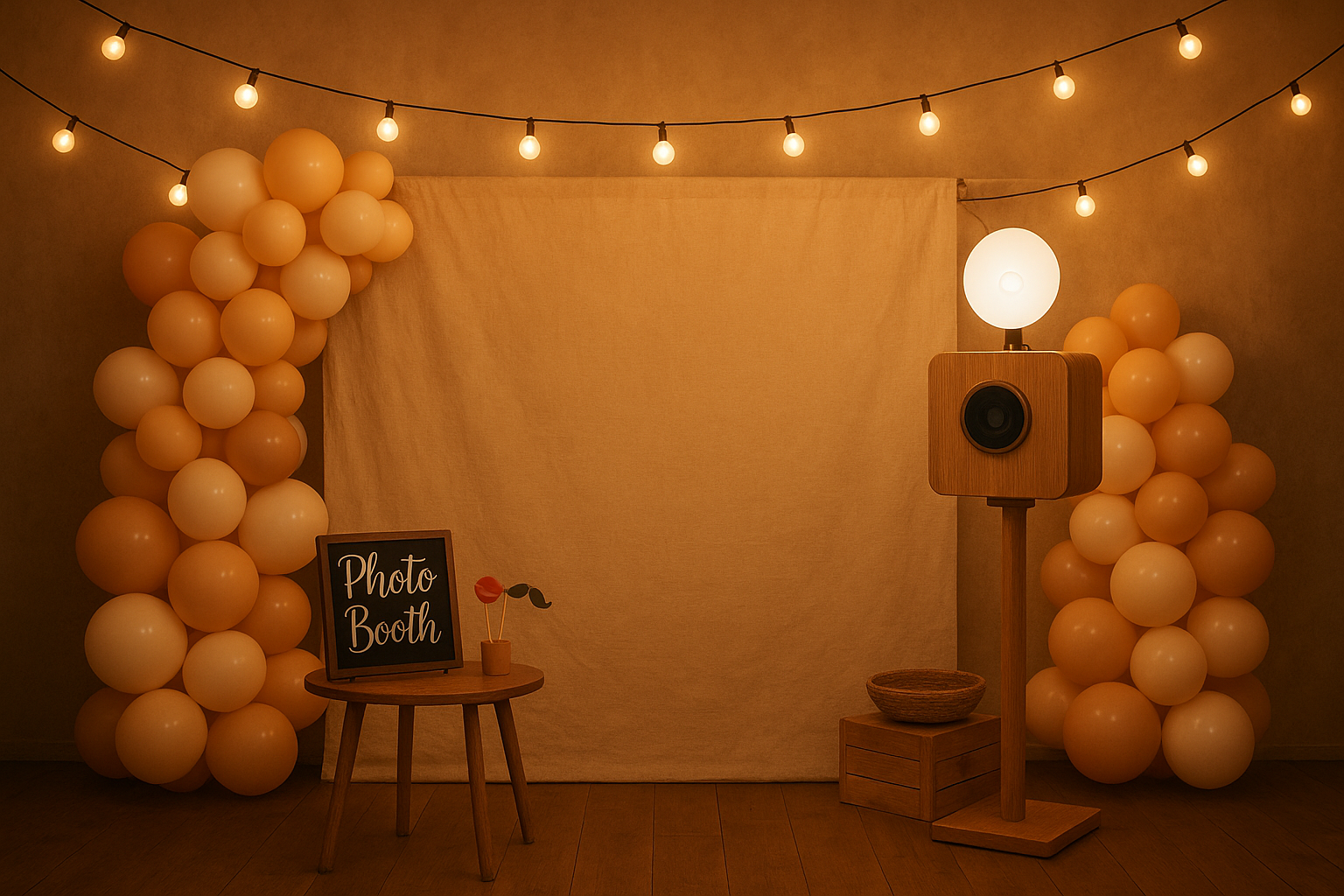 Photo booth backdrop and prop setup ready for guests at a party