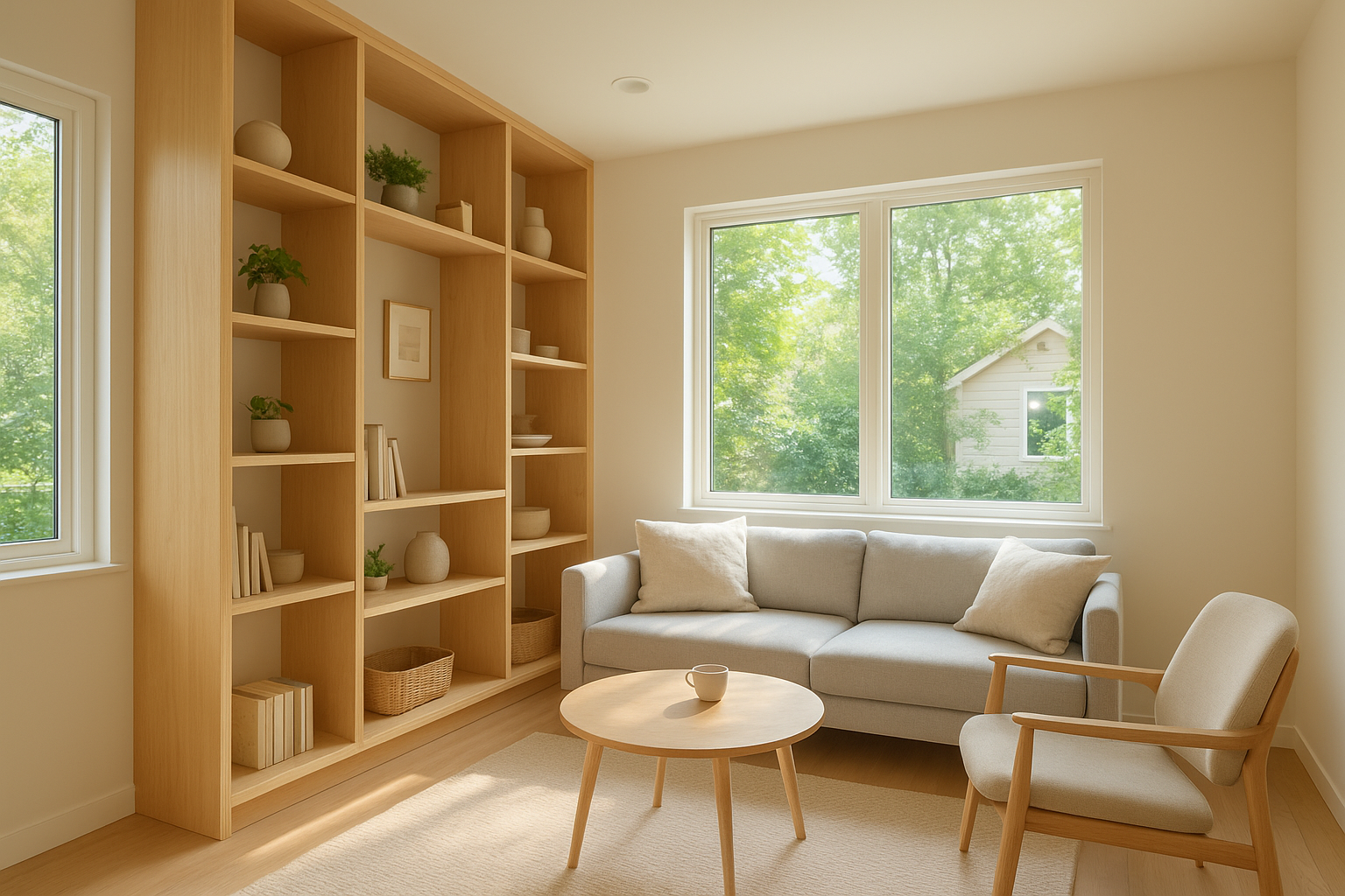 Finished ADU interior in Chino with custom built-ins and energy-efficient windows
